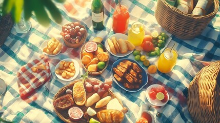 A picnic blanket spread with snacks and drinks, surrounded by friends on a lazy Sunday afternoon, Sunday picnic joy, weekend vibes.