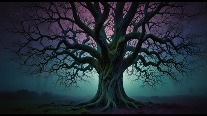 A large, ancient tree stands tall against a backdrop of a swirling, purple and green sky.