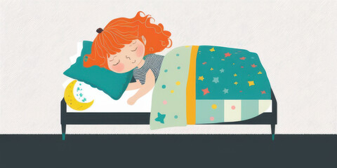 girl sleeps peacefully on bed with colorful bedding and cozy atmosphere