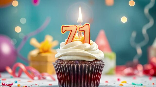 Birthday cupcake with burning lit candle with number 71. Number seventy-one for seventy-one years or seventy-first anniversary.