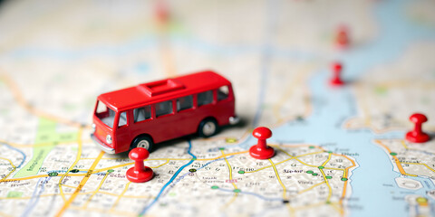 Miniature bus navigating map with red pins for travel planning