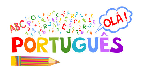 Portugues. Translate:" Portuguese,  hello" Illustration for book, dictionary, vocabulary, speaking, reading, writing, listening skills. Video course, distance education. personal teacher service. 