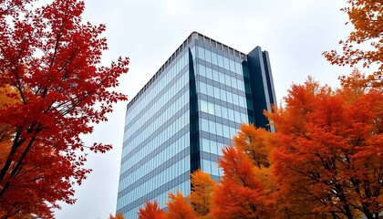 A corporate headquarters with sleek, angular design elements is encircled by vibrant autumn trees. 