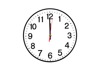 First seconds of the New Year. Round clock with white dial and hands showing 12:00 or 0:00, to 24:00. Time management business.