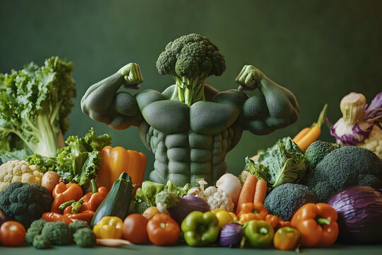 Muscular broccoli superhero flexing amidst colorful array of fresh vegetables, symbolizing strength from healthy eating on green background.
