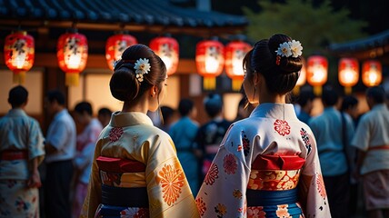 Woman in a Yukata Experiencing the Lively Atmosphere of a Japanese Festival While Traveling.
