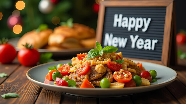 A sign that reads Happy New Year blurred background, festive decorations.