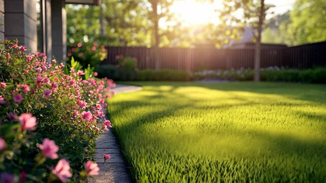 A lush green lawn stretches out in the afternoon sun, bordered by pink flowers and a walkway