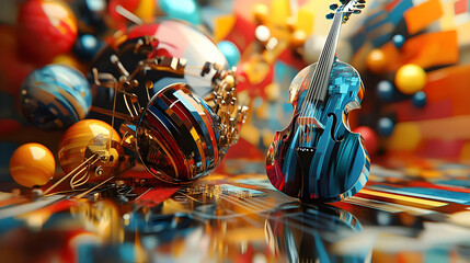 Fototapeta premium Abstract 3D Background with Violin and Orbs