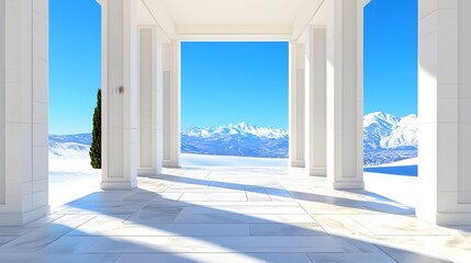 Serene Indoor Hallway with Majestic Mountain Landscape View in Futurist Architectural Style