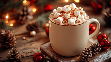 Cozy Hot Cocoa with Marshmallows and Christmas Decorations. Generative AI