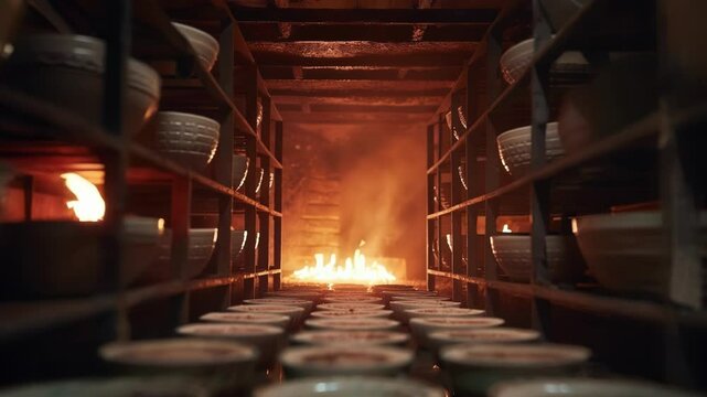 Ceramic plates drying in a kiln at a pottery factory, with flames casting a warm glow. Skilled artisans handcraft each plate in this industrial workshop