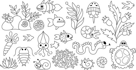 Vector black and white ancient fish and marine creatures set. Prehistoric water animal line icons collection. Dinosaur period illustrations with turtle, ammonite. Giant bugs, beetles coloring page