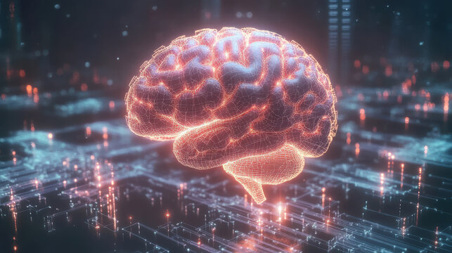 Futuristic glowing brain with intricate details and digital elements