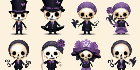 Cute Halloween skeleton characters in various outfits and accessories