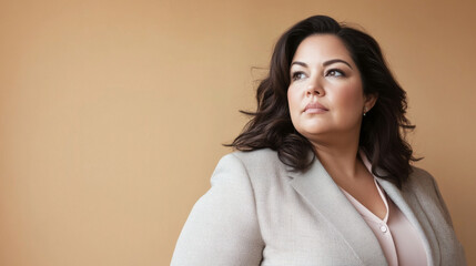 Obraz premium Confident plus size woman in business attire against beige background