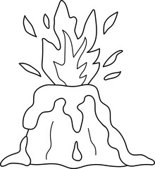 Vector black and white erupting or exploding volcano mountains with lava and fire line illustration. Rocks icon isolated on white. Prehistoric nature scenery picture. Dinosaur land coloring page
