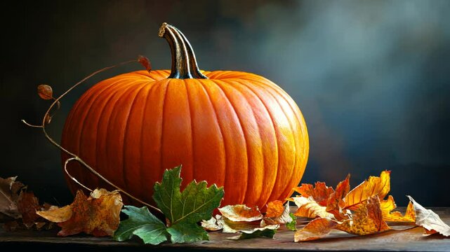 A large, orange pumpkin sits on a wooden table surrounded by autumn leaves