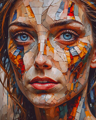 Face of a beautiful girl with a painted face in the style of stained glass