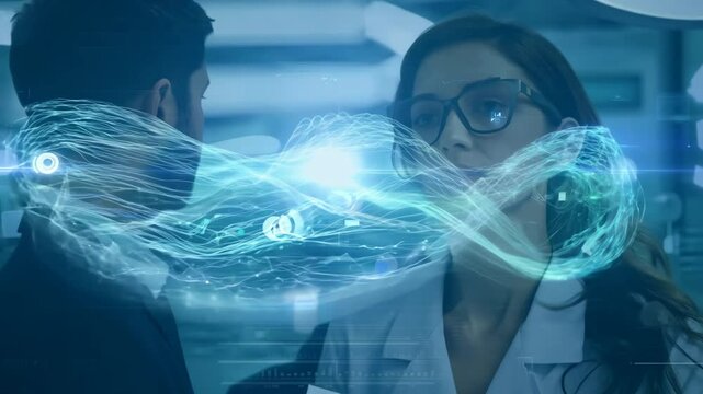 Young girl manager businesswoman interacts with AI AR holographic interface UI science research female scientist modern technology lab VR virtual reality artificial intelligence network IT specialist