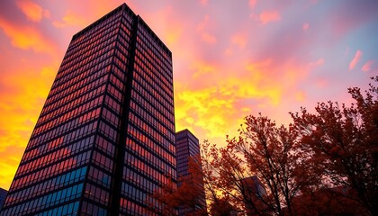 A towering office skyscraper catches the last rays of a vibrant autumn sunset.