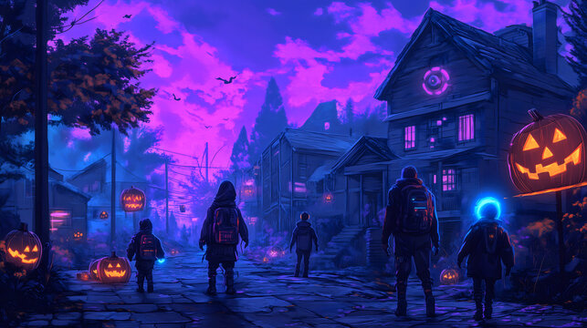 Cyberpunk Halloween Night with Trick-or-Treaters