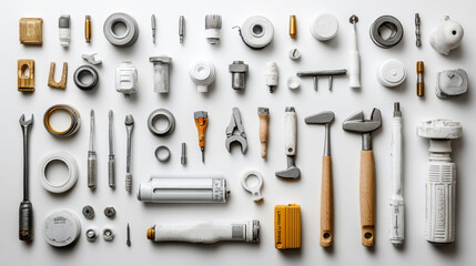 Fototapeta premium A flat lay of various tools and parts, arranged in a symmetrical pattern on a white surface.