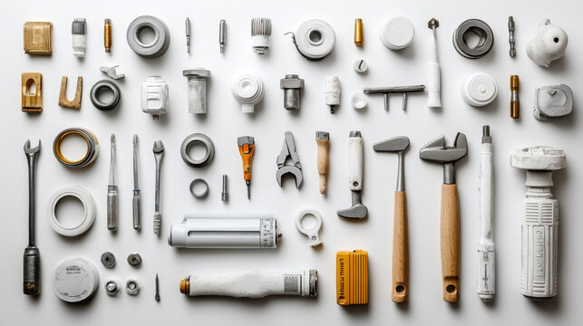 A flat lay of various tools and parts, arranged in a symmetrical pattern on a white surface.