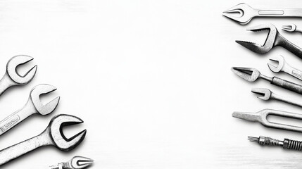 Various tools, including wrenches and screwdrivers, arranged on a white background.