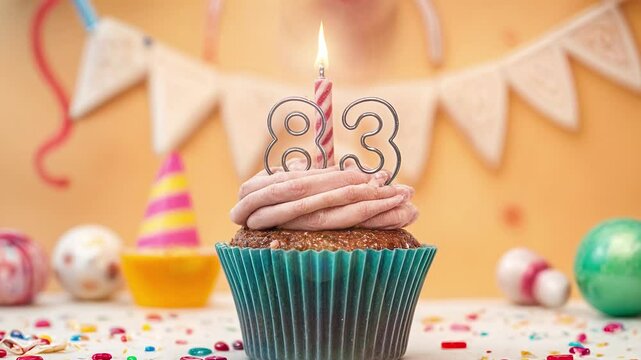 Birthday cupcake with burning lit candle with number 83. Number eighty-three for eighty-three years or eighty-third anniversary.