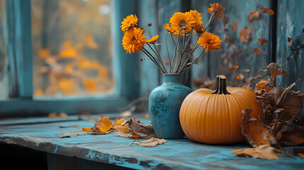 Autumn Still Life with Flowers, Pumpkin, and Blue Vase - Photography