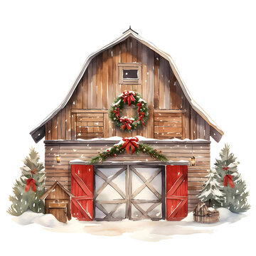 Watercolor rustic barn with christmas wreath. Transparent background
