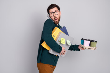 Photo of hardoworking man wear trendy clothes hold coffee to-go paperwork tasks empty space...