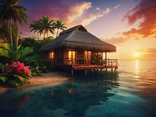 Fototapeta premium Experience the Serenity of a Tropical Beachfront Bungalow at Stunning Sunset Hours