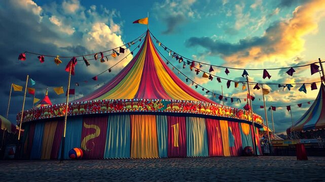 A large, colorful circus tent stands under a cloudy sky, ready for a show