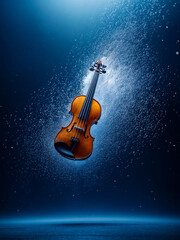 Fototapeta premium Violin in snow. Violin floats in the streams of snowfall