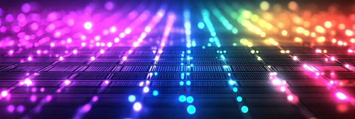 A retro 80s style rainbow grid background with neon colors and futuristic vibes