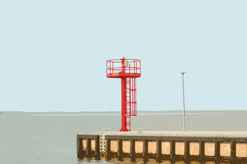 Ilustracja grafika krajobraz nadmorski nadbrzeże portowe z wieżyczką obserwacyjną z widokiem na morze. © Monika