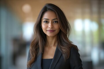 Professional headshot with a modern twist. a 45-year-old South Asian woman dressed in a sharp suit standing confidently in an elegant office setting, Generative AI