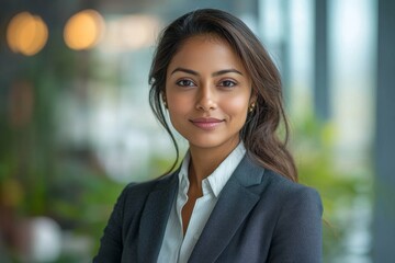 Professional headshot with a modern twist. a 45-year-old South Asian woman dressed in a sharp suit standing confidently in an elegant office setting, Generative AI