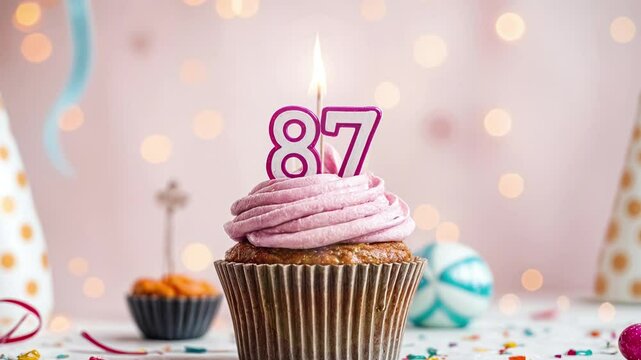 Birthday cupcake with burning lit candle with number 87. Number eighty-seven for eighty-seven years or eighty-seventh anniversary.