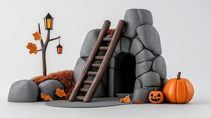 Halloween-themed rock entrance with pumpkins and autumn decorations, white isolated background.