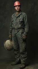 Fototapeta premium Portrait of a rugged industrial worker in full protective gear, including a bright red hard hat and dusty green coveralls, holding a worn metal helmet.