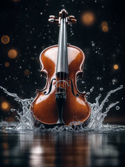 Fototapeta premium Violin in splashes of water. Violin flooded with water on a black background