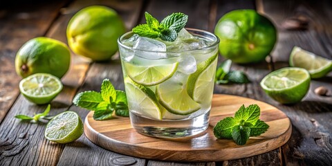 Close-up of a Refreshing Lime and Mint Cocktail in a Glass on a Wooden Table, lime, cocktail, drink