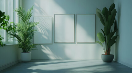 3D Rendering of Minimalist Room with Empty Frames and Greenery
