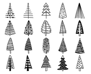 Set of simple abstract Christmas trees different shapes and silhouettes