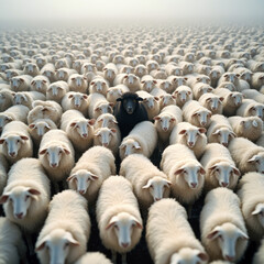 Obraz premium one black sheep in a flock of white ones