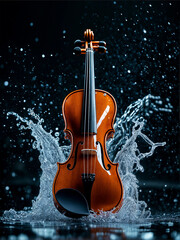 Fototapeta premium Violin splashed with water on black background