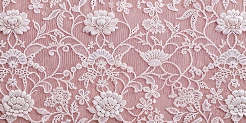 Delicate White Floral Lace on Pink Background, Lace, Floral, Textile
